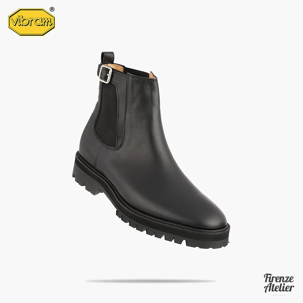 Firenze Atelier Men's Handmade Matt Black Leather Chelsea Boots W/ Vibram Sole
