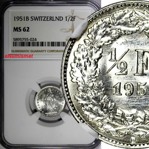 Switzerland Silver 1951-B 1/2 Franc NGC MS62  Helvetia KM# 23 (024) - Zdjęcie 1 z 4
