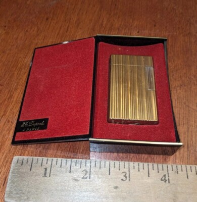 dupont cigarette lighter 1950s VINTAGE ST DUPONT FRANCE LINED CIGARETTE LIGHTER W/CASE S/N 9246BY  GOLD TO