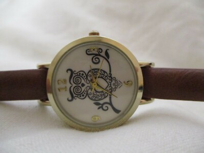 Owl Themed Watch Brown Buckle Band Round White Face Gold Toned Case