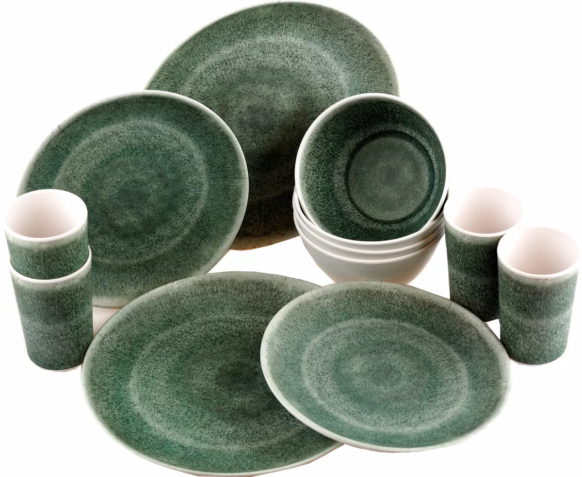 Reusable Quality Melamine Plastic Dinner Set Plates Bowls Cups 16 Piece Green