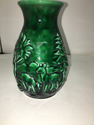 Wildwood Deer Green Glazed Pottery Vase