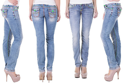 Cipo & Baxx Jeans Damen Stretch Hose 445 Blau Dicke Neon Nähte Hüftjeans Pants
