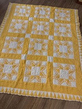Handmade Pieced Quilt Yellow and White Squares Jacob s Ladder 72"x82"