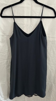 Zara Basic Black Spaghetti Strap Straight Line V Neck Slip Dress Women's size XS