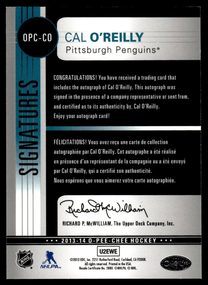 2013-14 O-Pee-Chee Signatures Cal O'Reilly Auto Pittsburgh Penguins #OPC-CO - Image 2 of 2