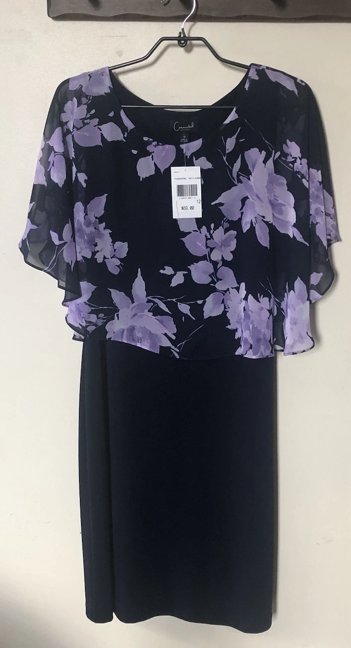 Connected Apparel 12 Navy Blue Midi Dress Purple Floral Chiffon Poncho Overlay