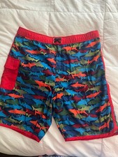 Lands End Boys youth Swim Trunks XXL 18-20H Deep Sea Navy Multicolor Sharks