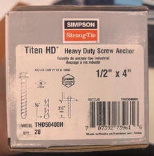 Simpson Strong-Tie THD50400H 1/2" x 4" Titen HD Heavy Duty Screw Anchors 20/pk
