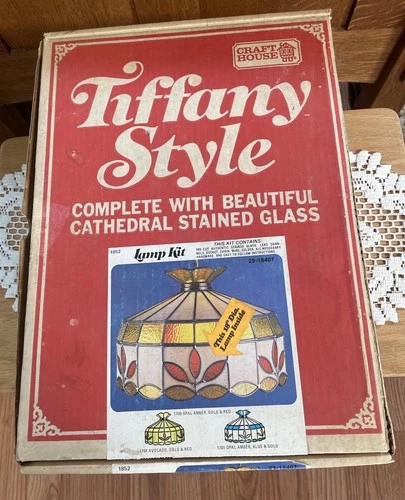 Vintage Craft House Tiffany Style Stained Glass Lamp Kit#1709 OpalAmber/Red/Gold