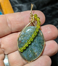 Handcrafted Wire Wrapped Green Oval Stone Charm Pendant Beaded Necklace