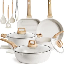 Kikcoin 16Pcs Pots and Pans Set Nonstick Ceramic 16 Piece, White 