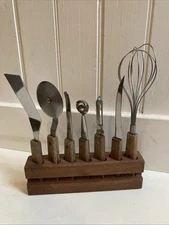 Vintage Bar Set Cutlery Utensils In Wooden Holder Old Homestead  Japan