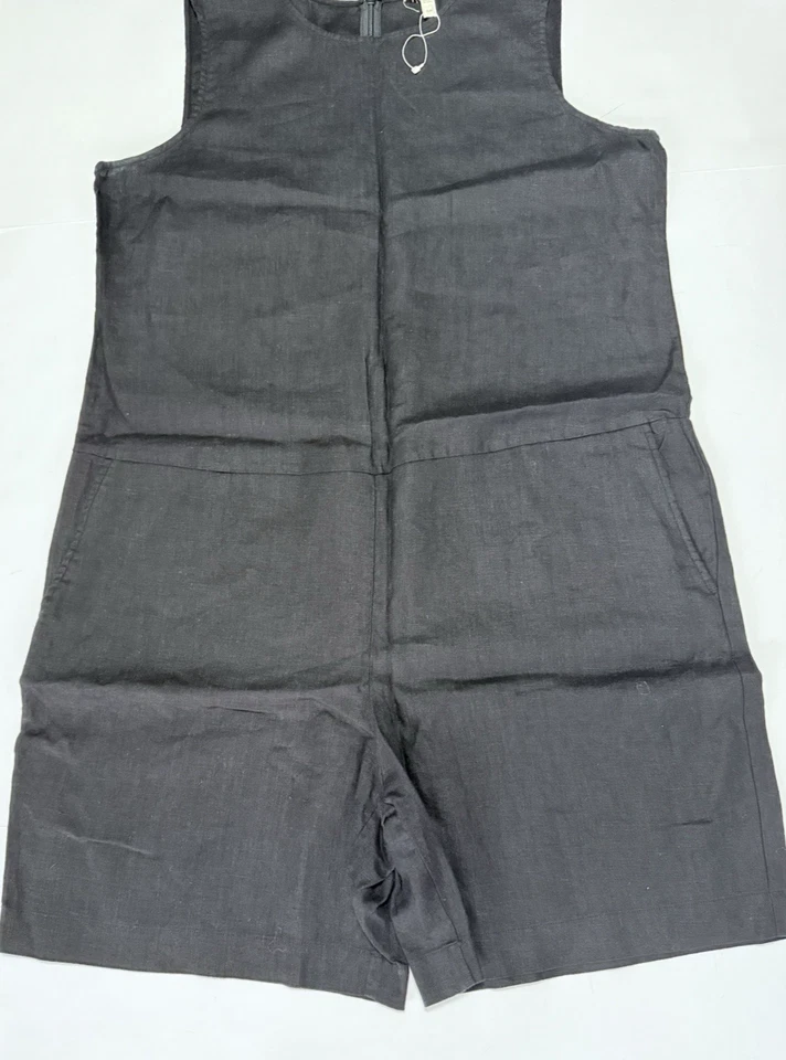 NUEVO SIN ETIQUETAS $208 Eileen Fisher Mujeres Negro Lino Orgánico Mono Corto Mameluco Talla L Foto 3 de 4