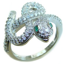 Sterling Silver Snake Ring White Topaz Emerald Green size: 7 Handmade 925