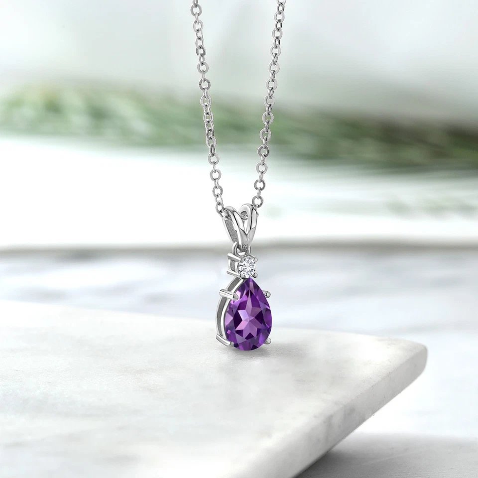 Collar colgante de plata de ley 925 amatista y diamantes cultivados en laboratorio E-F blanco Foto 4 de 4