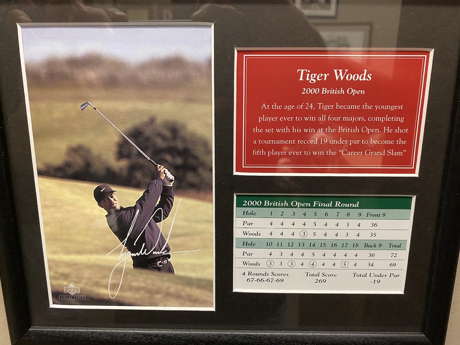 Tiger Woods Grand Slam. 4 Printed Signature Photo and scorecards. Upper