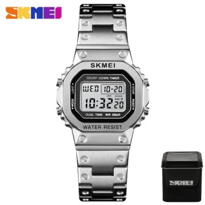 Damen Frauen Edelstahl Schwermetall Digital Tag Datum Alarm Armbanduhr OVP