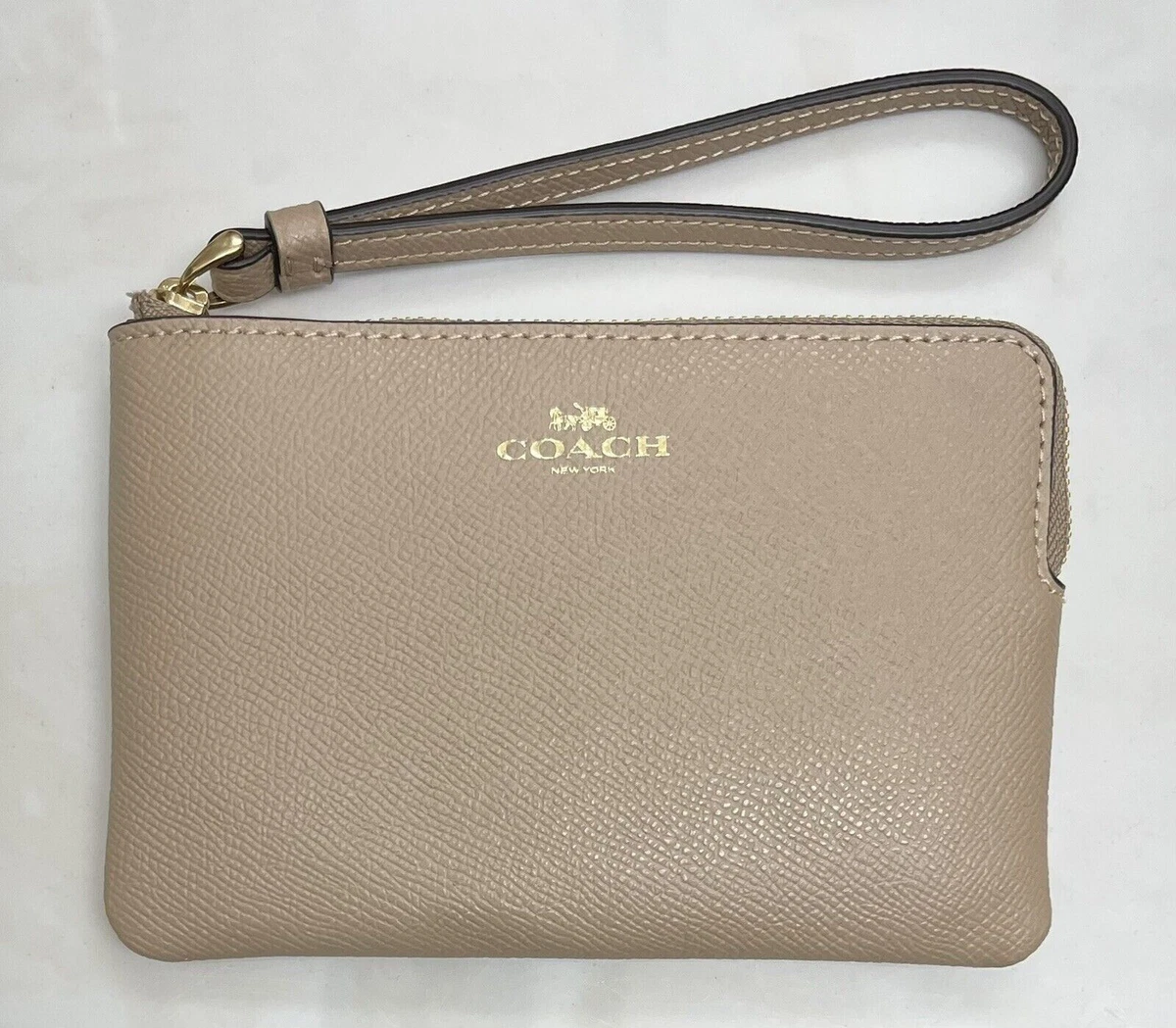 COACH Taupe Crossgrain Leather Corner Zip Wristlet 58032 NWOT