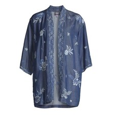 NWT 260 JOHNNY WAS Marbella Embroidered Kimono top cardigan Blue Lyocell M