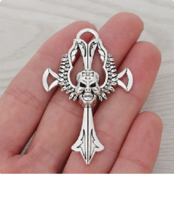 LARGE SKULL CROSS WING PAGAN VIKING Pendant On 20'' 925 Sterling Silver Necklace