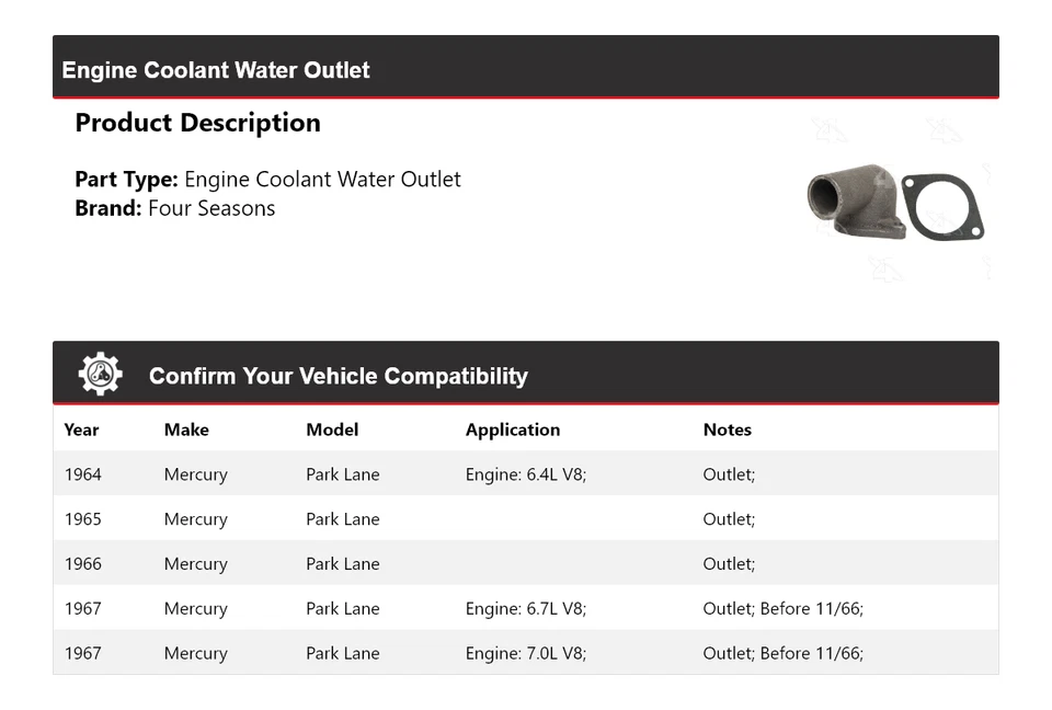Salida de agua refrigerante motor Mercury Park Lane 1964-1967 4 estaciones 1965 1966 Foto 2 de 4
