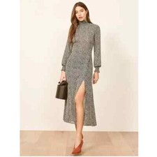 REFORMATION Black White Floral Print GEORGINA Turtleneck Crepe Slit Midi Dress 6