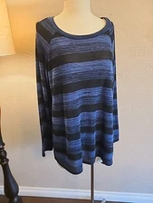 Ab Studio Knit This Way Long Sleeve  Sleeve Top Striped Blue Polyester Mx XL New