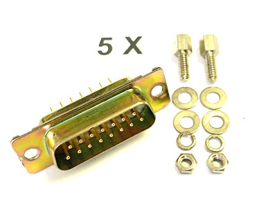 D-SUB, 15 Pin, Male, Print, Straight, Twisted Contacts Gold Plated, 4A, 5 Pack