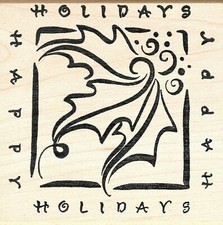 DeNami Designs  HAPPY HOLLY LEAF  Wood Mounted Rubber Stamp Christmas Holiday