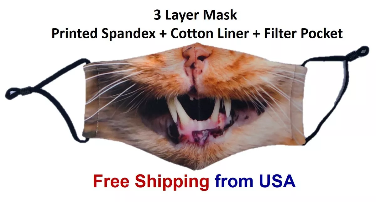 Angry Kitty Cat Face Mask Mouth Teeth Reusable Print Costume Filter Pocket