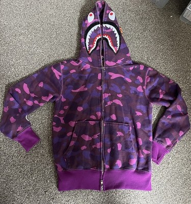 BAPE Purple Camo Shark Full Zip Hoodie WGM Sleeve Size S Cotton Full Zip Hooded