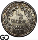 1916-D 1/2 Deutsch Mark AU+ Silver, Nice Toner W/Luster