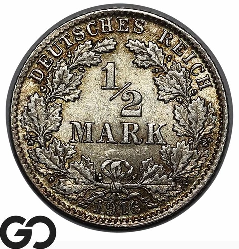 1916-D 1/2 Deutsch Mark AU+ Silver, Nice Toner W/Luster