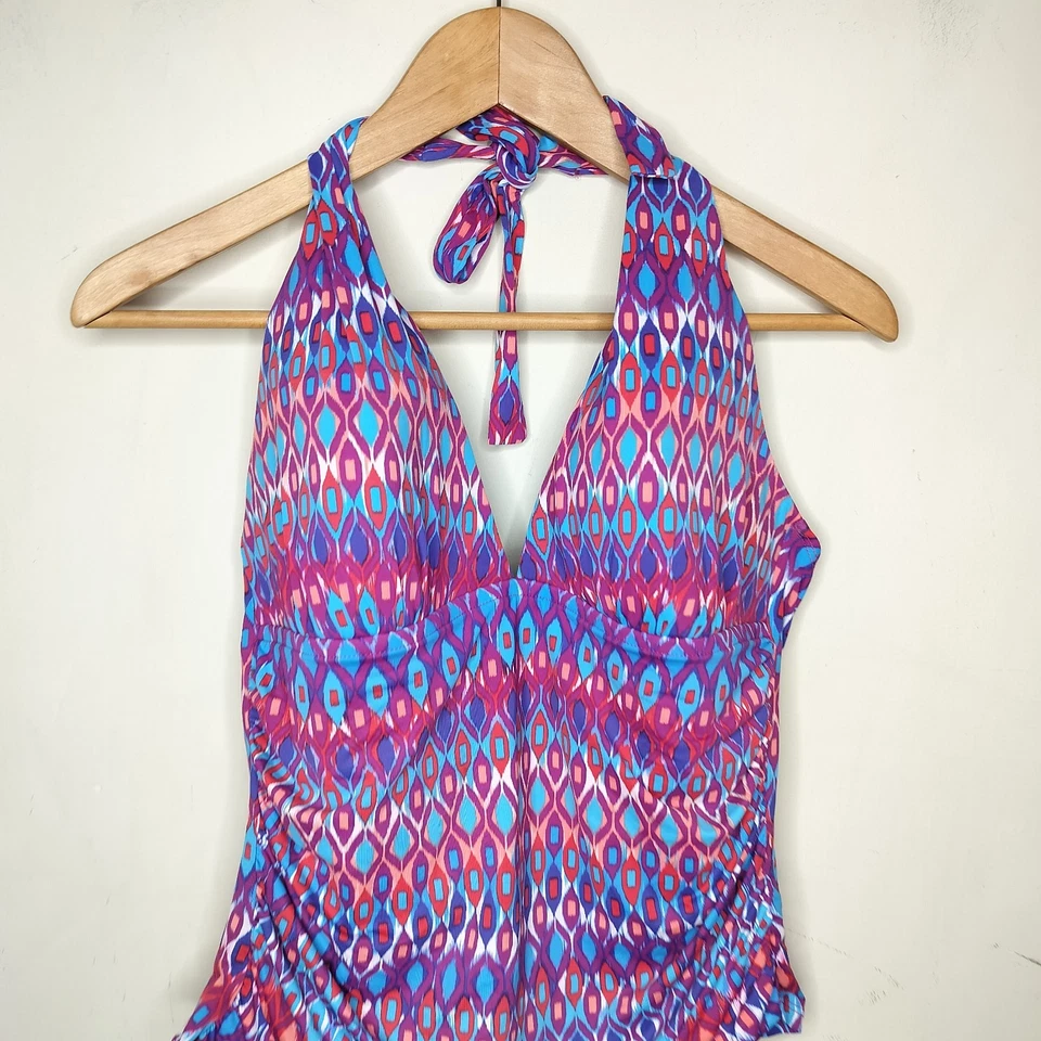 Top de baño La Blanca Tankini talla 12 para mujer rosa azul púrpura halter geométrico Foto 2 de 4