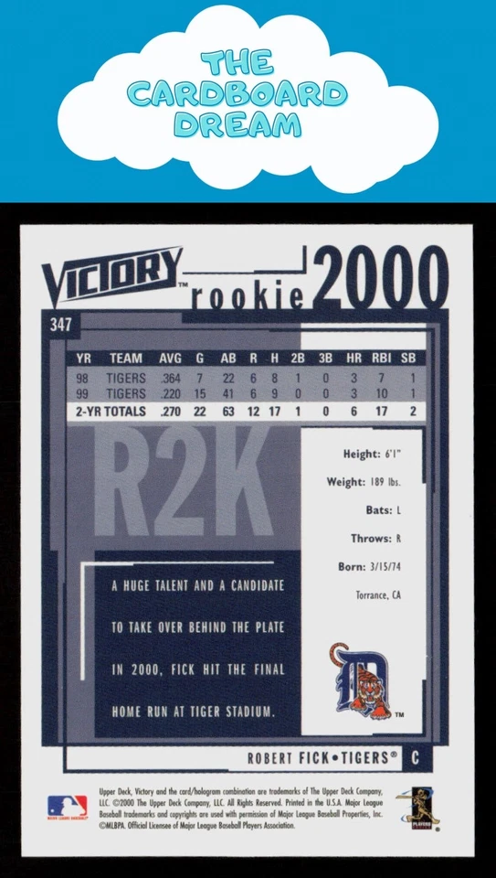 Robert Fick 2000 Upper Deck Victory #347 RC Rookie Detroit Tigers Baseball Card - Image 2 of 2