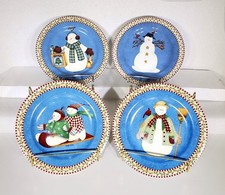 VTG Debbie Mumm Sakura Stoneware Plates Christmas Snowman 4 Plate Set 8.25" NEW