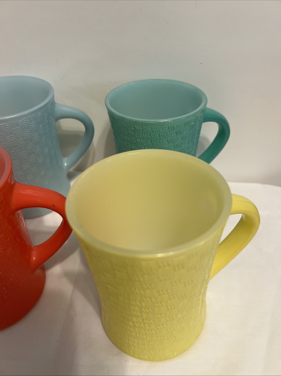 Lot Of 7 Vintage Glasbake J-2277 Milk  Glass Mugs. Basketweave Pattern 1961-1983