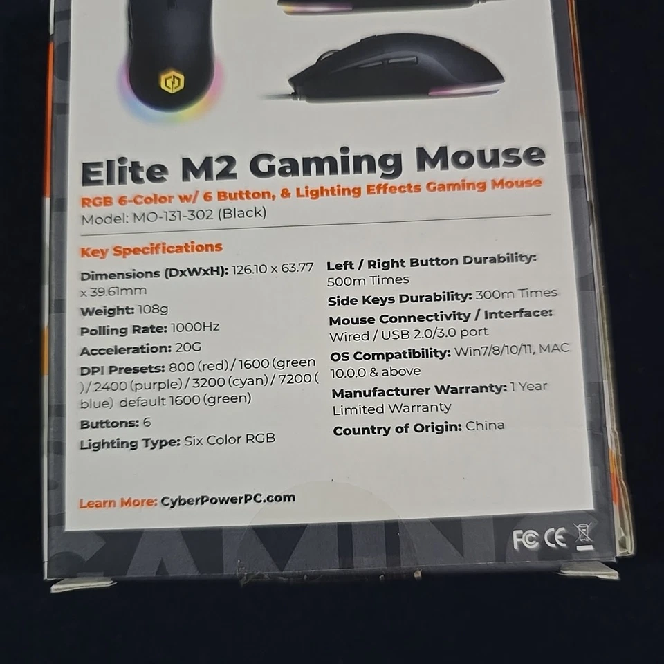 Cyberpower PC Elite M2 RGB Wired Mouse NIB New in Box Sealed Light Up - Image 3 of 4