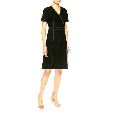 NWT Ming Wang Women's Size L Contrast Stitching Faux Wrap Black Shift Dress