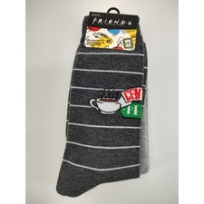 Friends TV Show Central Perk 2 Pack Crew Socks Grey Striped Mens Shoe Size 6-12