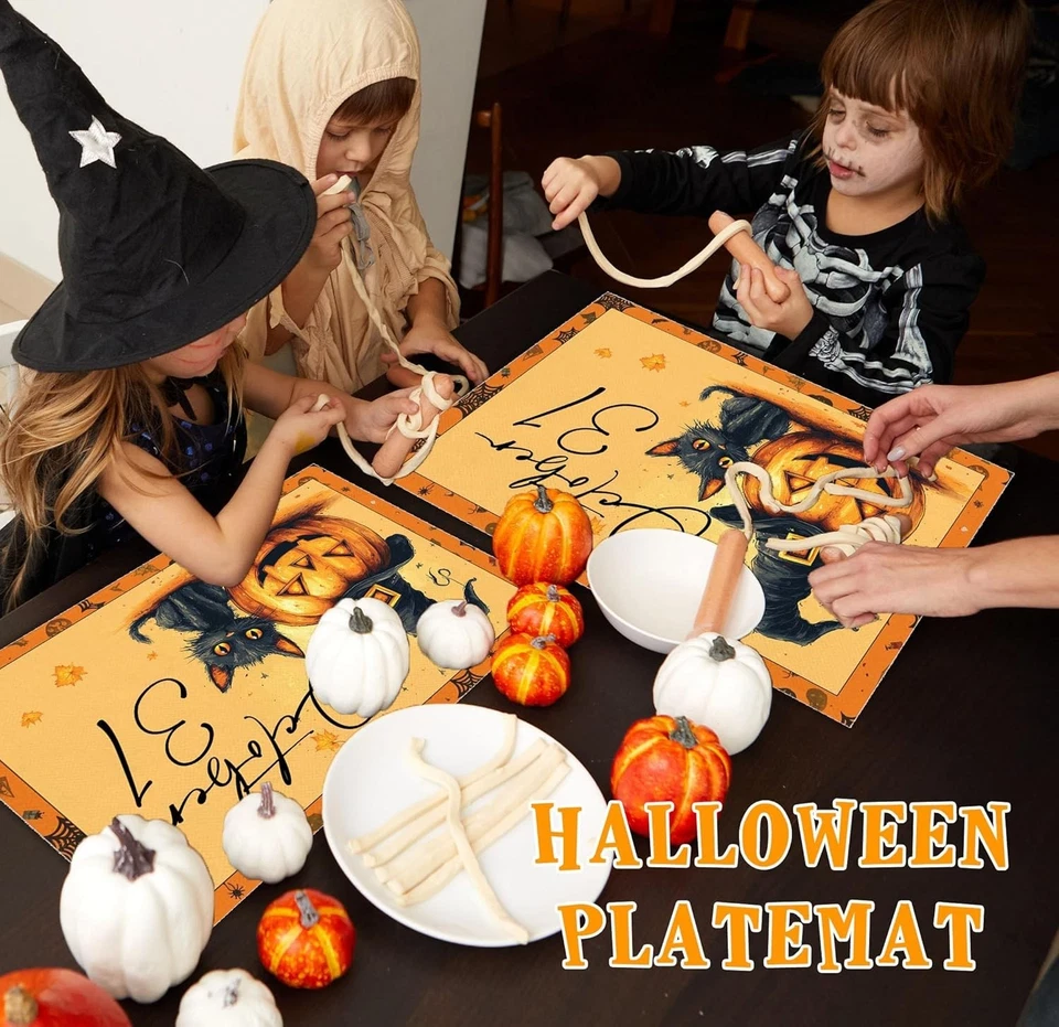 Bat Ghost Spooky Skeleton Pumpkin Black Cat Halloween Placemats Set of 4, 12x18 - Image 4 of 4