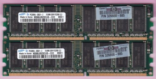 1GB 2x512MB PC3200 SAMSUNG DDR-400 M368L6523CUS-CCC HP 326668-885 RAM KIT DDR1 - Picture 1 of 2