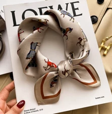 100% Silk 20 small square Scarf Women neckerchief Wrap Chessboard Steed - Coffee