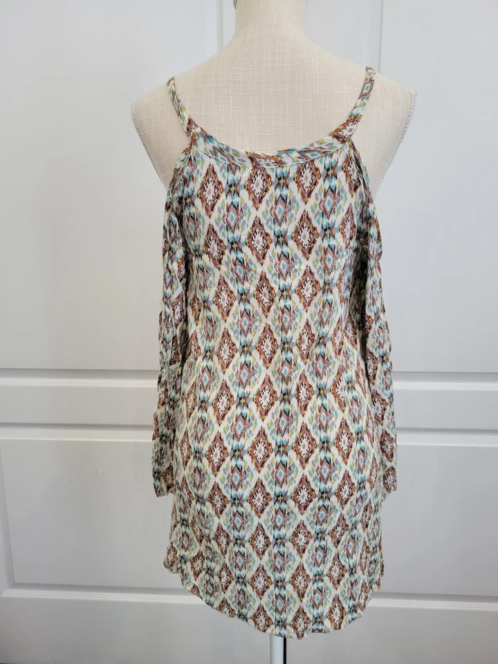 Top túnica Millau talla S manga larga campana blanco azul marrón estampado podría hombro Foto 4 de 4