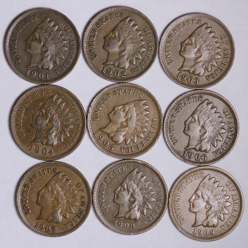 SHORT SET 1901 - 1909 Indian Head Cent Penny NICE VF / XF Sharp LIBERTY
