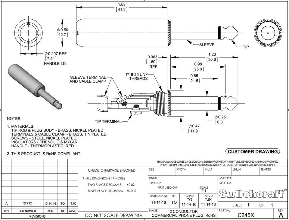 ЛОТ из 2 Switchcraft C245X 1/4 дюйма моно 2 проводника аудиоразъем красный наконечник рукав - Изображение 4 из 4