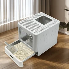 Cat Litter Box with Scoop Foldable Toilet Box Front Entry Top Exit Kitty Box