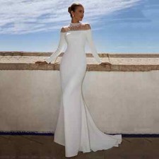 High Neck Mermaid Wedding Dresses Long Sleeve Pearls Beaded Satin Bridal Gowns