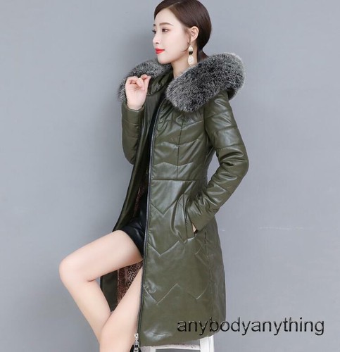M-7XL Womens Fox Fur Collar Hooded Real Leather Down Jacket Thicken Warm Outwear - Picture 11 of 25